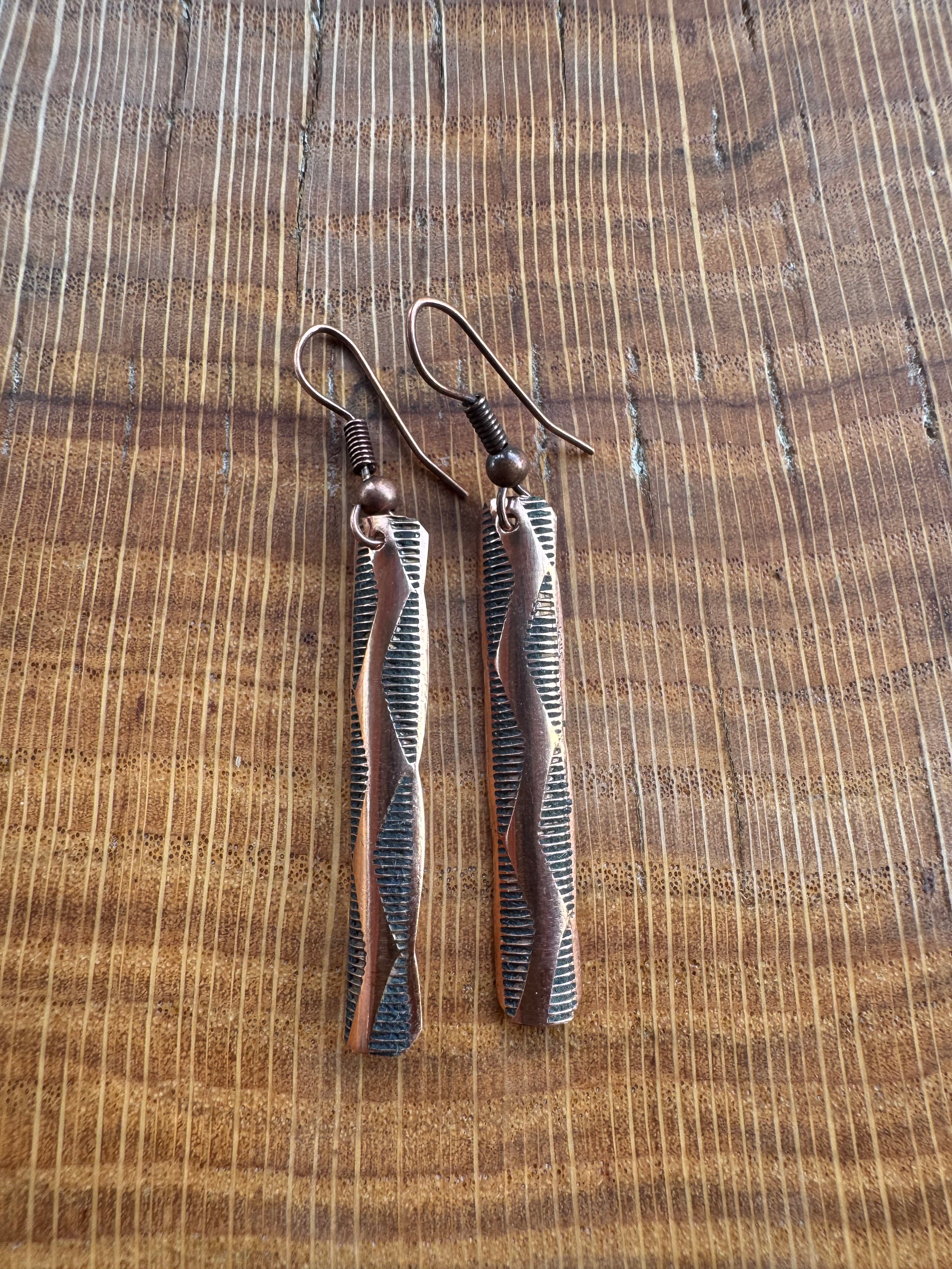 Native Made Stamped Copper Bar Dangle Earrings