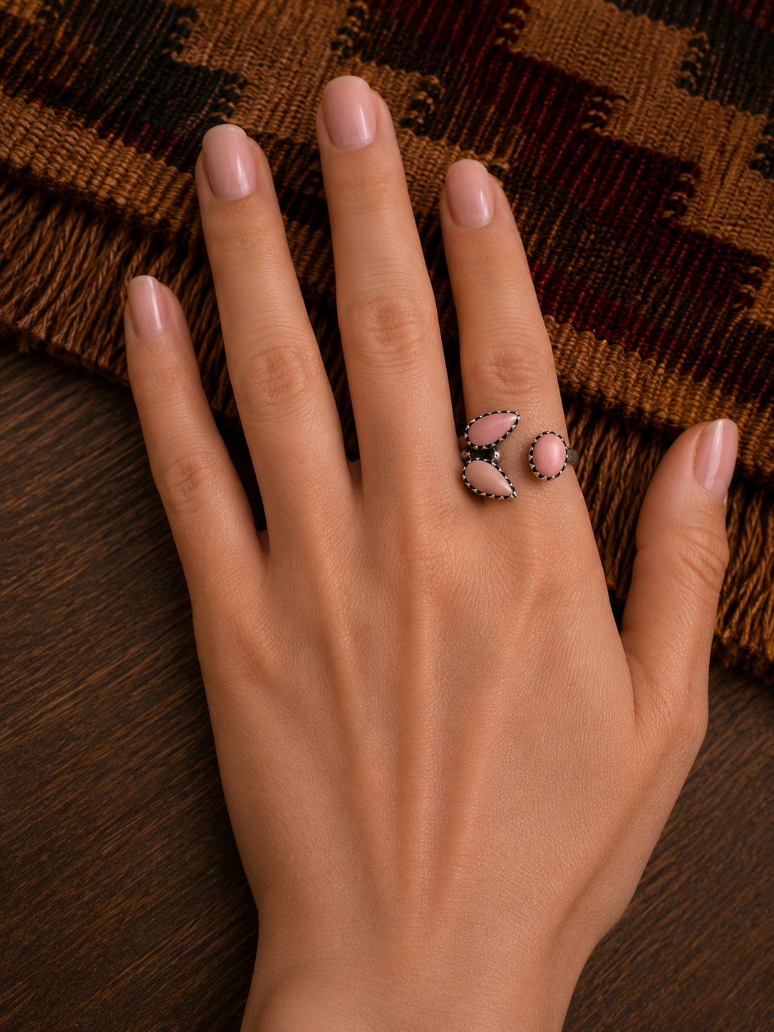 Pink Conch Three-Stone Adjustable Ring