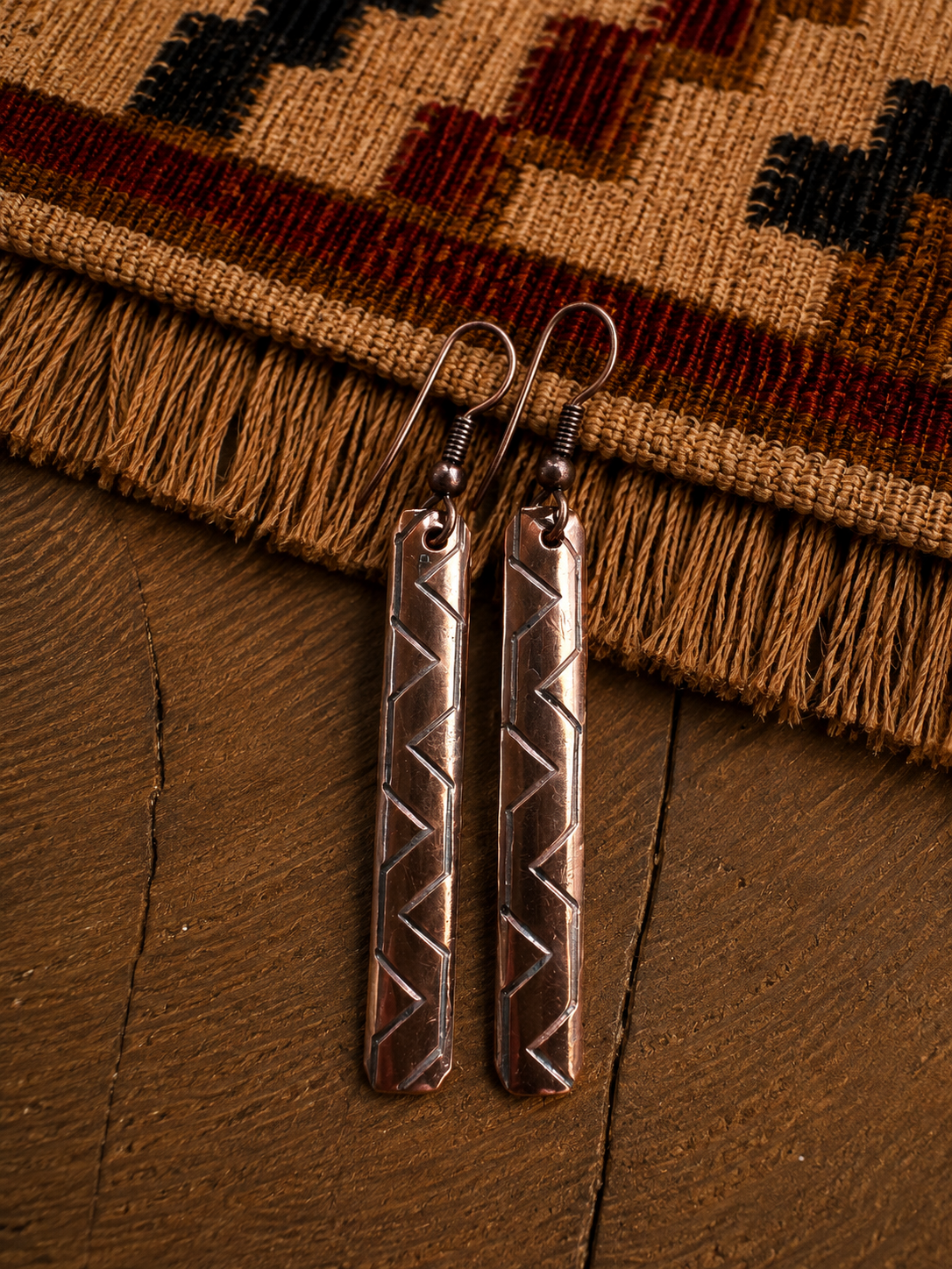 Native Made Stamped Copper Bar Dangle Earrings